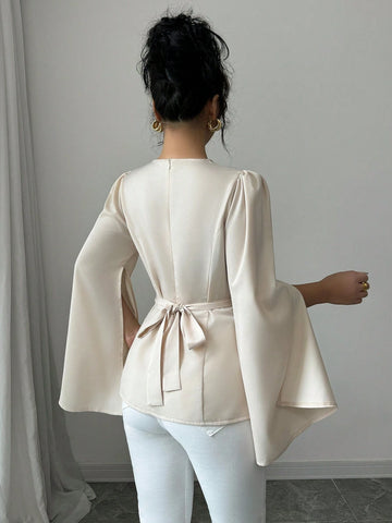 Elenzya Women Regular Apricot Draped Neck Long Sleeve Blouse With Cuff Slit