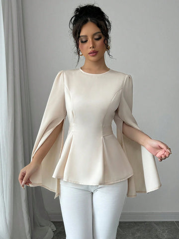 Elenzya Women Regular Apricot Draped Neck Long Sleeve Blouse With Cuff Slit