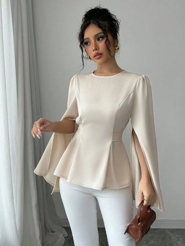 Elenzya Women Regular Apricot Draped Neck Long Sleeve Blouse With Cuff Slit