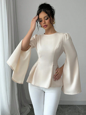 Elenzya Women Regular Apricot Draped Neck Long Sleeve Blouse With Cuff Slit