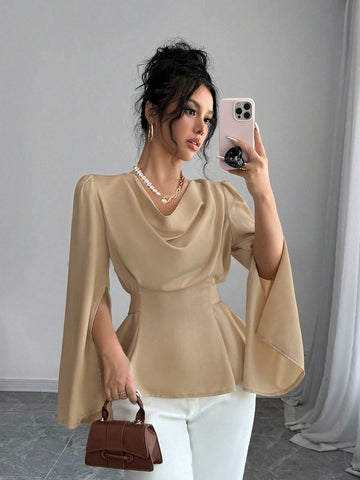 Women Solid Color Dropped Shoulder Opening Long Sleeve Elegant Blouse For Autumn