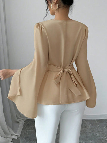 Women Solid Color Dropped Shoulder Opening Long Sleeve Elegant Blouse For Autumn