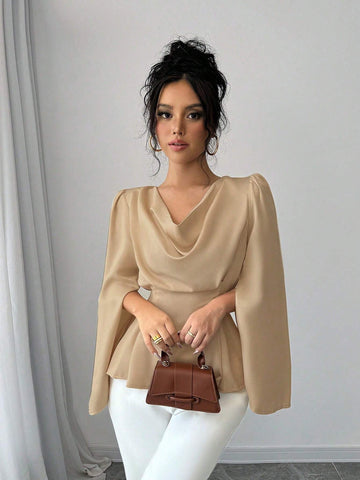 Women Solid Color Dropped Shoulder Opening Long Sleeve Elegant Blouse For Autumn