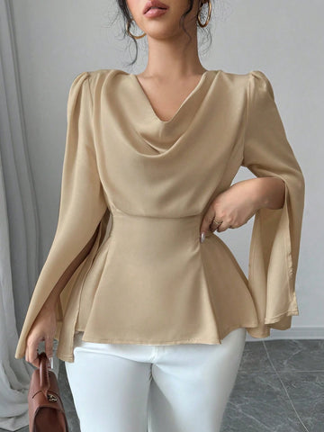 Women Solid Color Dropped Shoulder Opening Long Sleeve Elegant Blouse For Autumn