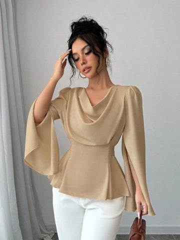 Women Solid Color Dropped Shoulder Opening Long Sleeve Elegant Blouse For Autumn