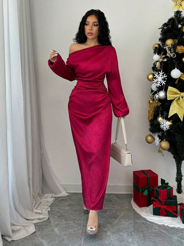 Women Spring & Autumn Solid Color Asymmetric Collar Lantern Sleeve Elegant Fitted Dress