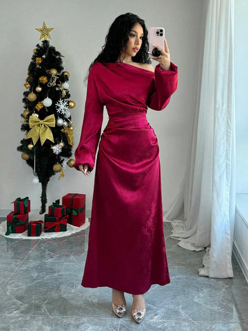 Women Spring & Autumn Solid Color Asymmetric Collar Lantern Sleeve Elegant Fitted Dress