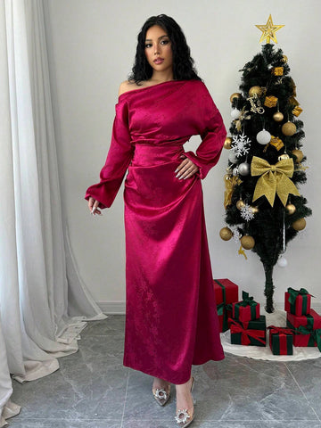 Women Spring & Autumn Solid Color Asymmetric Collar Lantern Sleeve Elegant Fitted Dress