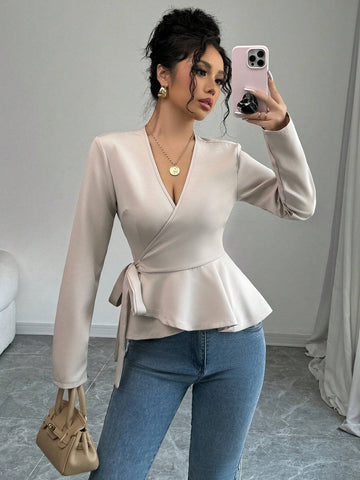 Women's Apricot V-Neck Ruched Wrap Style Long Sleeve Top