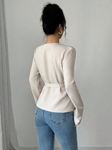 Women's Apricot V-Neck Ruched Wrap Style Long Sleeve Top