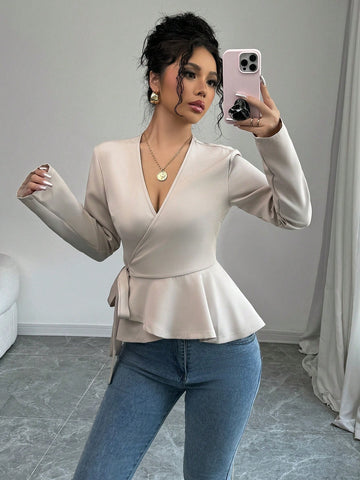 Women's Apricot V-Neck Ruched Wrap Style Long Sleeve Top