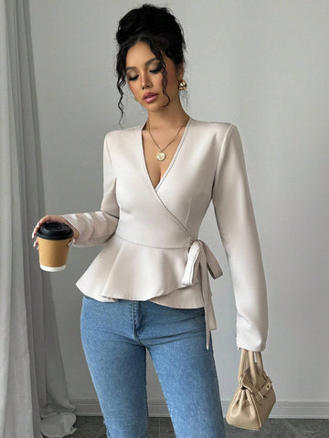 Women's Apricot V-Neck Ruched Wrap Style Long Sleeve Top