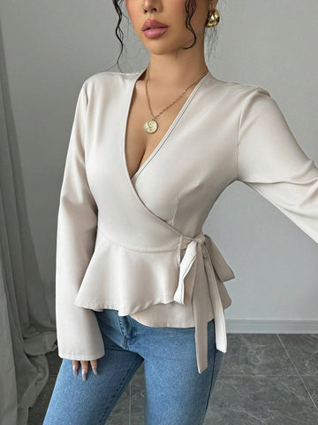 Women's Apricot V-Neck Ruched Wrap Style Long Sleeve Top