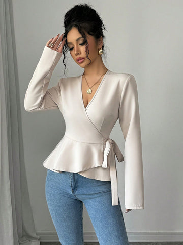 Women's Apricot V-Neck Ruched Wrap Style Long Sleeve Top