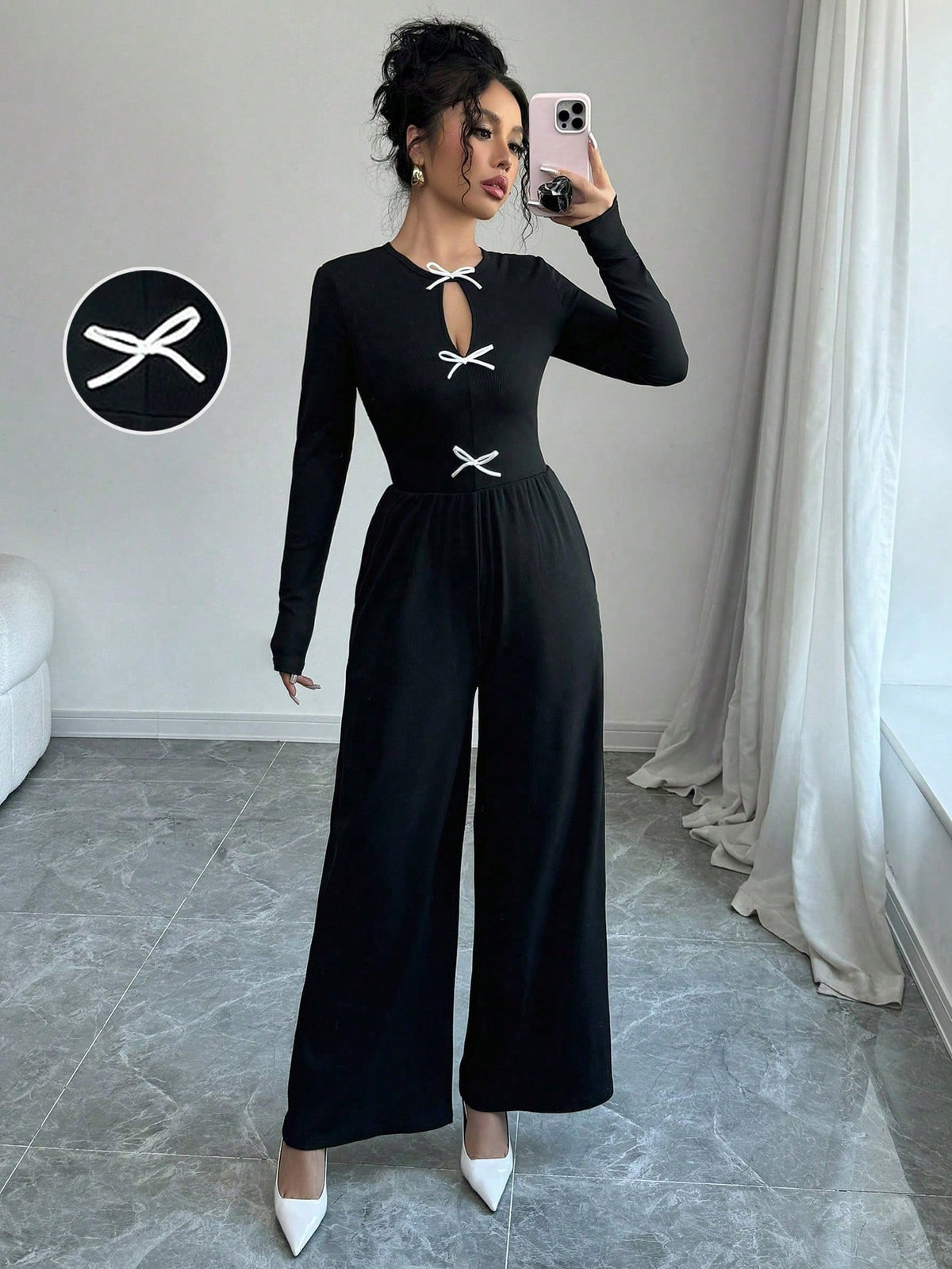 Women's Autumn/Winter Fashion Elegant Casual Jumpsuit, Round Neck, Long Sleeves, Waisted Wide Leg Pants, Pockets, Front Slit, Contrast Color Bow Tie Decor