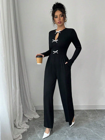 Women's Autumn/Winter Fashion Elegant Casual Jumpsuit, Round Neck, Long Sleeves, Waisted Wide Leg Pants, Pockets, Front Slit, Contrast Color Bow Tie Decor