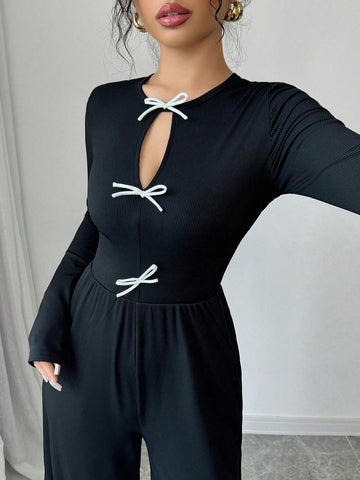 Women's Autumn/Winter Fashion Elegant Casual Jumpsuit, Round Neck, Long Sleeves, Waisted Wide Leg Pants, Pockets, Front Slit, Contrast Color Bow Tie Decor