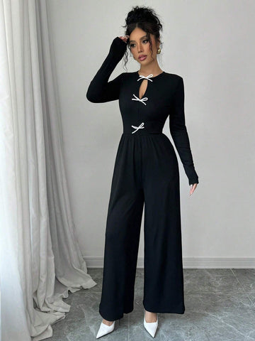 Women's Autumn/Winter Fashion Elegant Casual Jumpsuit, Round Neck, Long Sleeves, Waisted Wide Leg Pants, Pockets, Front Slit, Contrast Color Bow Tie Decor
