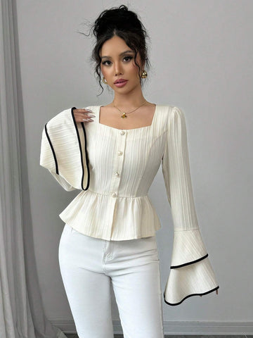 Women's Autumn Sweetheart Collar Flare Sleeve Ruffle Hem Elegant Blouse