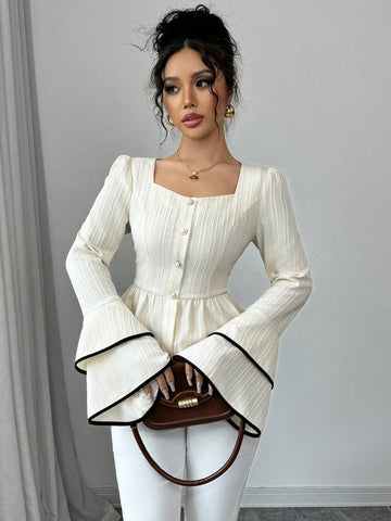 Women's Autumn Sweetheart Collar Flare Sleeve Ruffle Hem Elegant Blouse