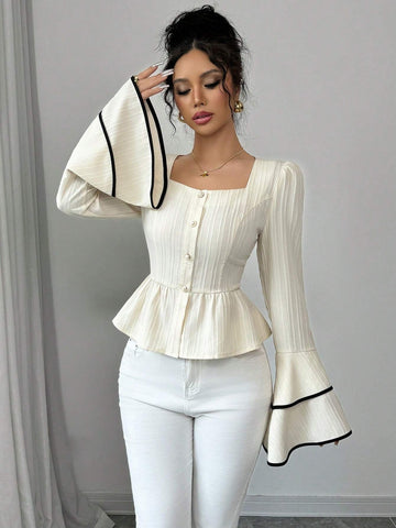 Women's Autumn Sweetheart Collar Flare Sleeve Ruffle Hem Elegant Blouse