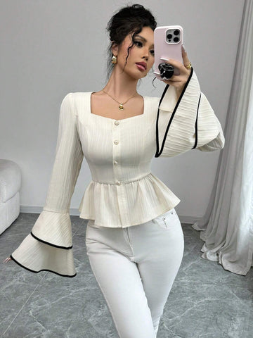 Women's Autumn Sweetheart Collar Flare Sleeve Ruffle Hem Elegant Blouse