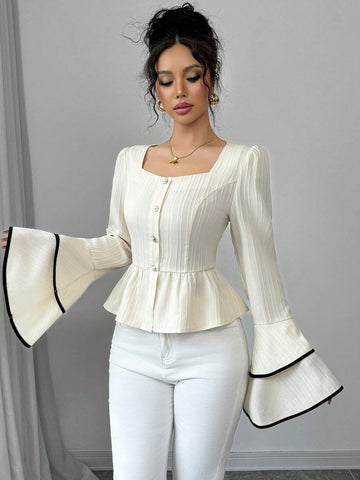 Women's Autumn Sweetheart Collar Flare Sleeve Ruffle Hem Elegant Blouse