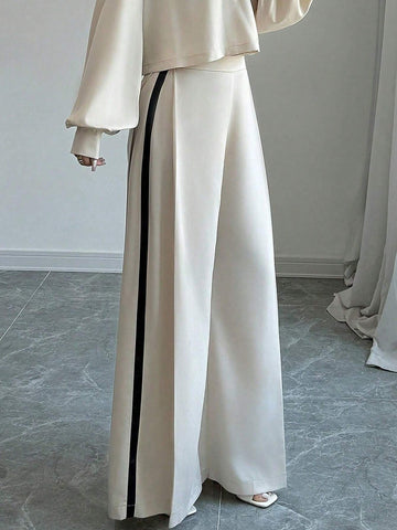 Elenzya Women's Casual Loose Fit Contrast Color Wide Leg Pants