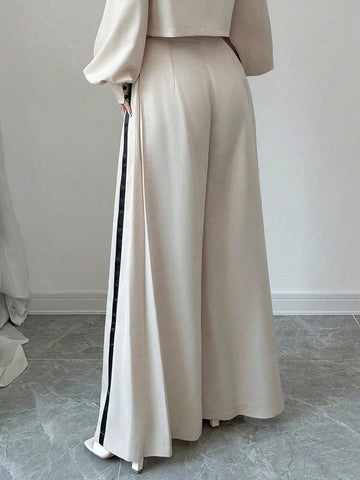 Elenzya Women's Casual Loose Fit Contrast Color Wide Leg Pants