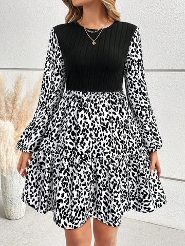 Women's Casual Ruffle Hem Patchwork Printed Lantern Sleeve Dress, Suitable For Autumn