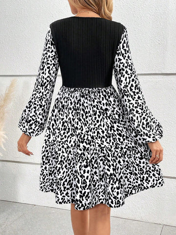 Women's Casual Ruffle Hem Patchwork Printed Lantern Sleeve Dress, Suitable For Autumn