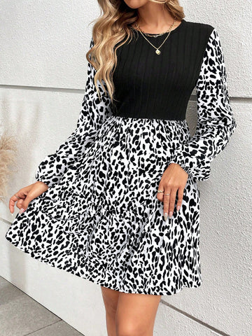 Women's Casual Ruffle Hem Patchwork Printed Lantern Sleeve Dress, Suitable For Autumn