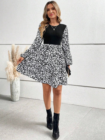 Women's Casual Ruffle Hem Patchwork Printed Lantern Sleeve Dress, Suitable For Autumn
