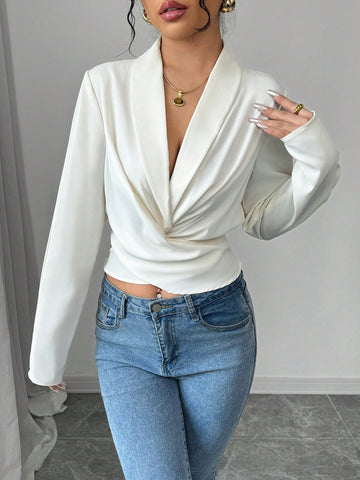 Women's Cross Collar Long Sleeve Shirred Blouse
