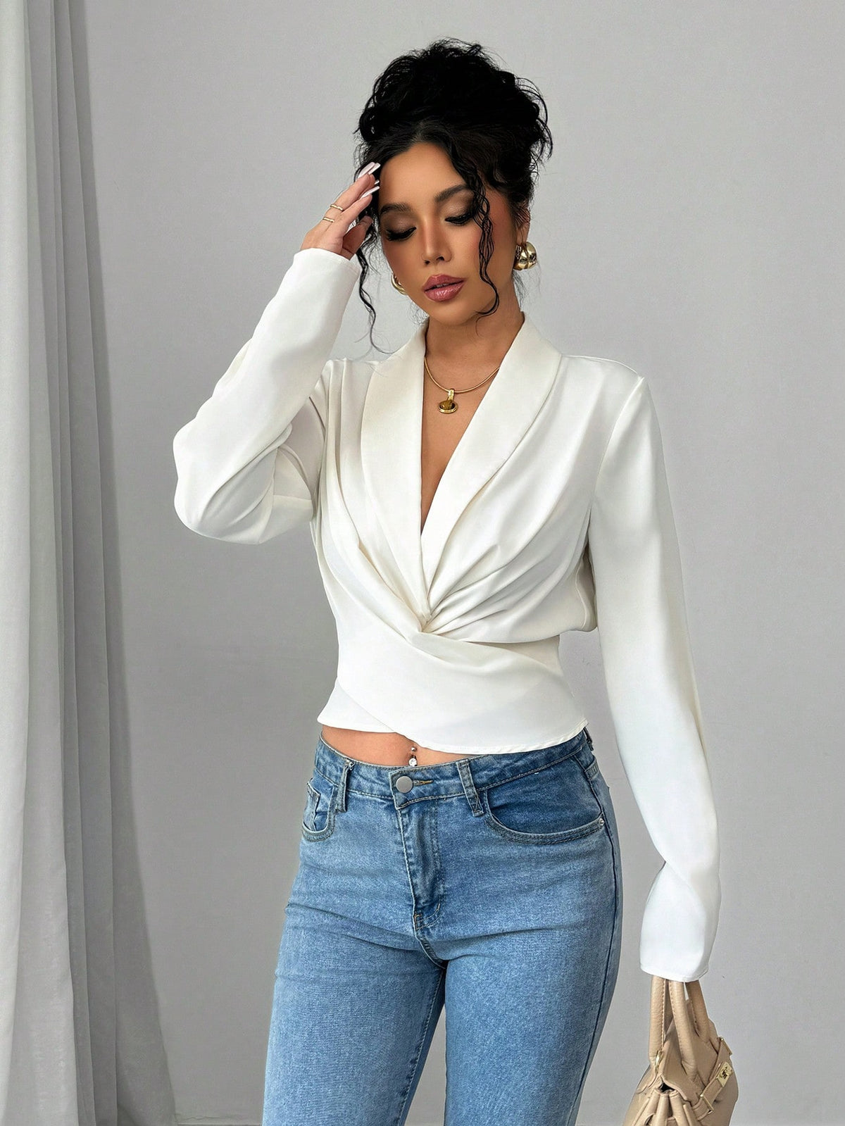 Women's Cross Collar Long Sleeve Shirred Blouse