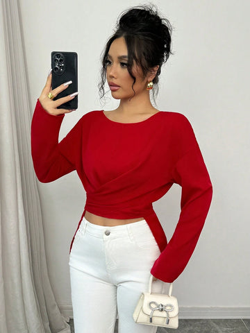 Round Neck Long Sleeve With Hem Criss-Cross Button Design Versatile Blouse