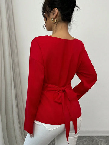 Round Neck Long Sleeve With Hem Criss-Cross Button Design Versatile Blouse