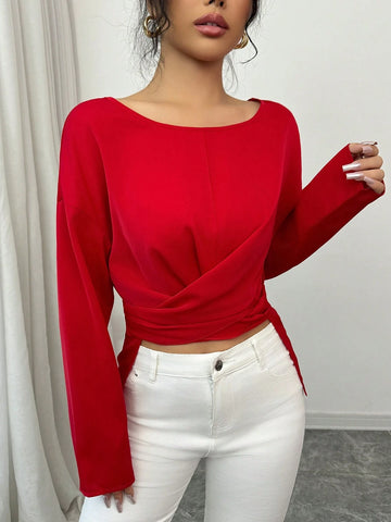 Round Neck Long Sleeve With Hem Criss-Cross Button Design Versatile Blouse