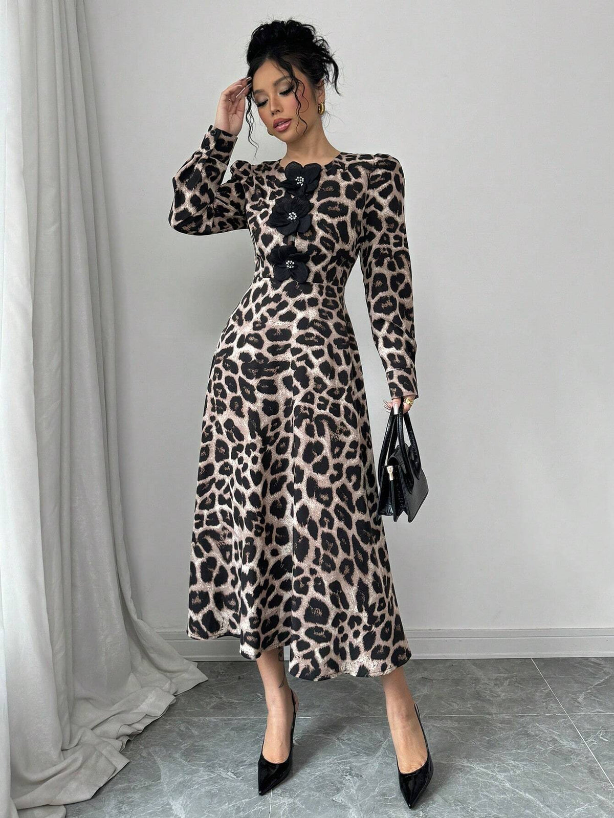 Women's Elegant 3D Floral Decor Leopard Print Long Sleeve Dress For Autumn/Winter
