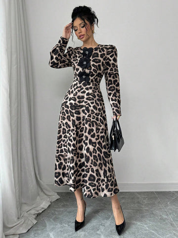 Women's Elegant 3D Floral Decor Leopard Print Long Sleeve Dress For Autumn/Winter