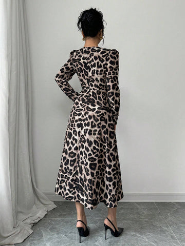 Women's Elegant 3D Floral Decor Leopard Print Long Sleeve Dress For Autumn/Winter