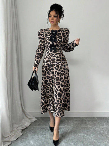 Women's Elegant 3D Floral Decor Leopard Print Long Sleeve Dress For Autumn/Winter