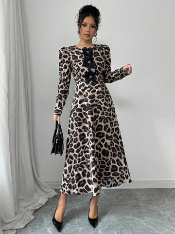 Women's Elegant 3D Floral Decor Leopard Print Long Sleeve Dress For Autumn/Winter