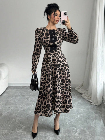 Women's Elegant 3D Floral Decor Leopard Print Long Sleeve Dress For Autumn/Winter