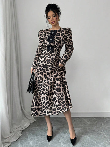 Women's Elegant 3D Floral Decor Leopard Print Long Sleeve Dress For Autumn/Winter