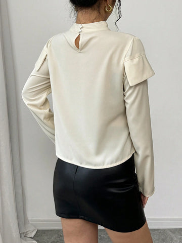 Women's Elegant Casual Shirt, Long Sleeve, 2 In 1, Front & Shoulder Paneled, Turndown Collar, Faux Placket, Champagne Woven Fabric, Autumn/Winte