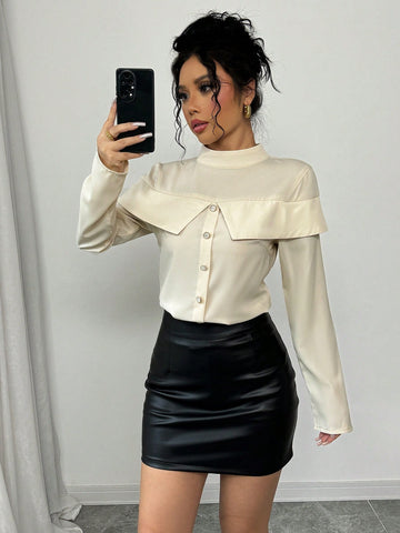 Women's Elegant Casual Shirt, Long Sleeve, 2 In 1, Front & Shoulder Paneled, Turndown Collar, Faux Placket, Champagne Woven Fabric, Autumn/Winte