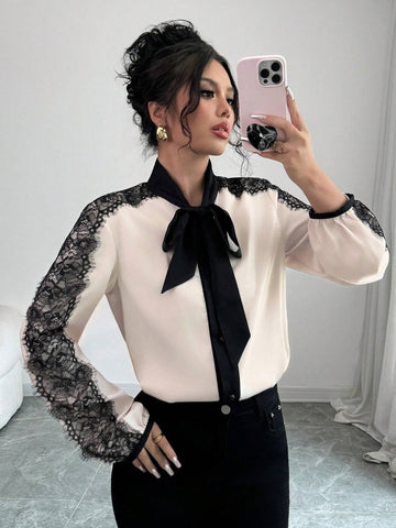 Elenzya Women's Elegant Colorblock Lace Trim Tie Neck Blouse For Autumn