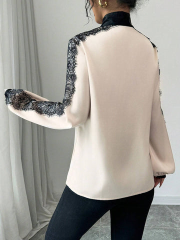 Elenzya Women's Elegant Colorblock Lace Trim Tie Neck Blouse For Autumn