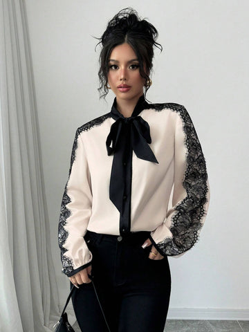 Elenzya Women's Elegant Colorblock Lace Trim Tie Neck Blouse For Autumn